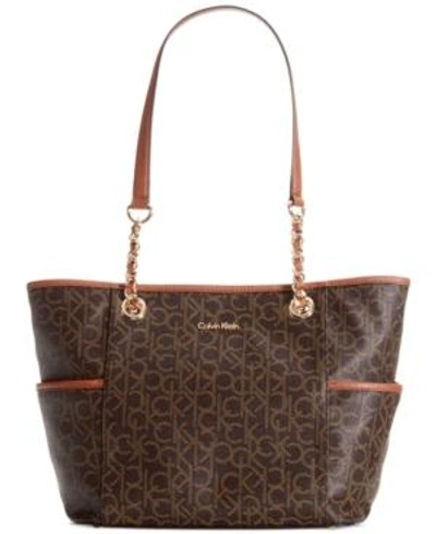 Shop Calvin Klein Hayden Signature Chain Tote In Brown/khaki/luggage Saffiano