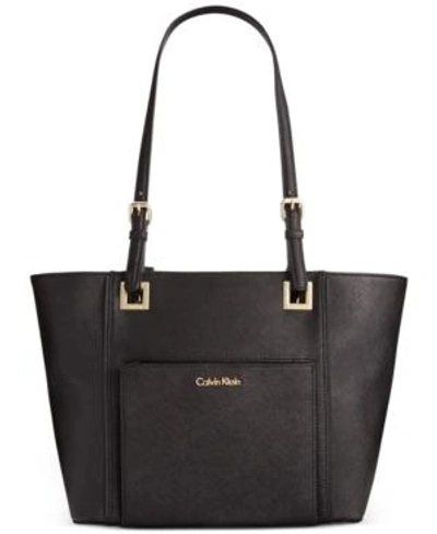 Shop Calvin Klein Saffiano Leather Tote In Black/gold