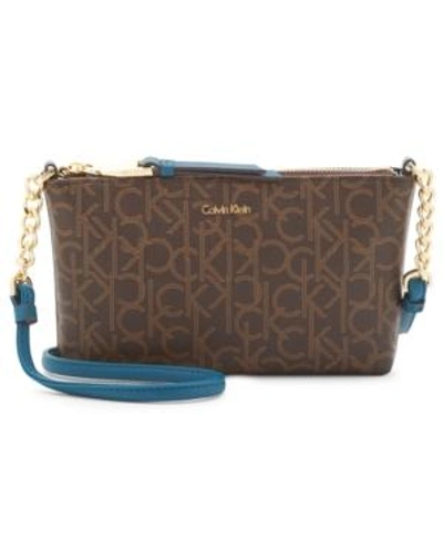 Shop Calvin Klein Hayden Mini Signature Chain Strap Crossbody In Brown/khaki/cypress