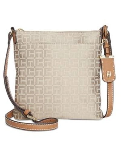 Shop Tommy Hilfiger Julia Monogram Jacquard North South Crossbody In Khaki/tonal