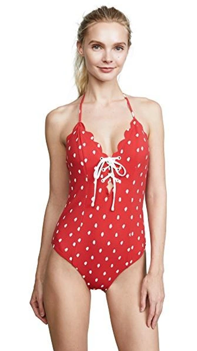 Shop Marysia Broadway Tie Maillot In Red/coconut/pink Dot