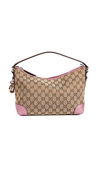 Shop Gucci Canvas Heart Bit Hobo Bag (previously Owned) In Brown/pink
