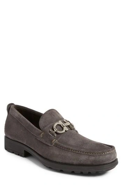 Shop Ferragamo David Bit Loafer In Dark Silver Suede