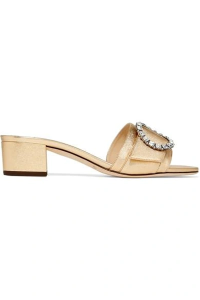 Shop Jimmy Choo Granger 35 Crystal-embellished Metallic Textured-leather Slides In Gold