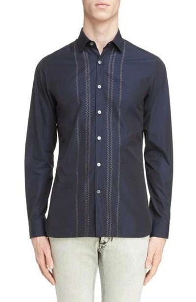 Shop Lanvin Zigzag Embroidered Cotton & Silk Sport Shirt In Navy