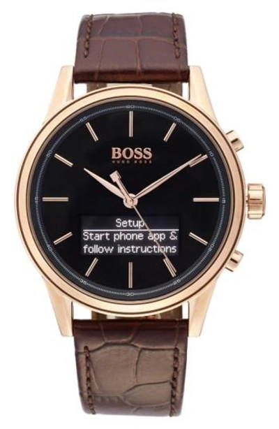 Shop Hugo Boss Classic Leather Strap Smart Watch, 44mm In Black/ Brown