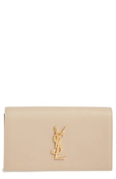 Shop Saint Laurent 'monogram' Leather Clutch - Beige In Nude/gold Hdwr