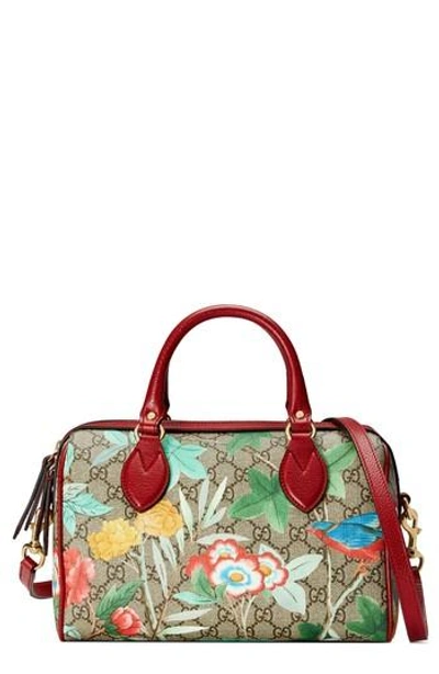 Shop Gucci Tian Boston Gg Supreme Small Canvas Duffel Bag - Beige In B Eb Multi/ Rosso