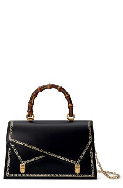 Shop Gucci Linea P Border Leather Double Flap Top Handle Satchel - Black In Nero