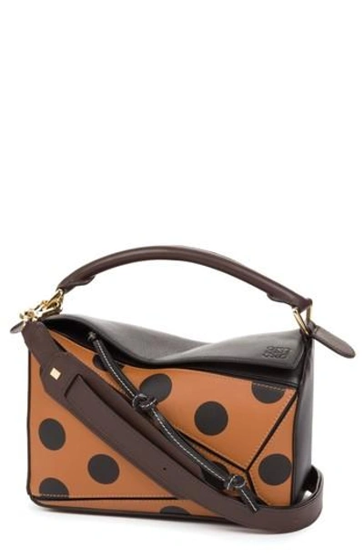 Shop Loewe Puzzle Circles Calfskin Leather Bag In Black/ Tan/ Chocolate Brown