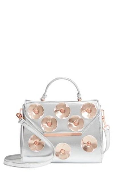 Shop Ted Baker Daisii Applique Faux Leather Top Handle Satchel - Metallic In Silver