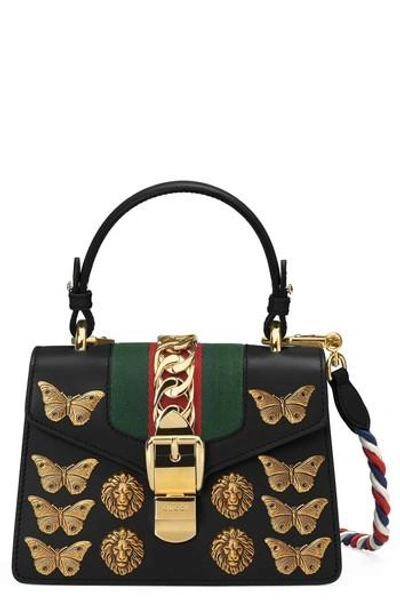 Shop Gucci Mini Sylvie Animal Studs Leather Shoulder Bag - Black In Nero