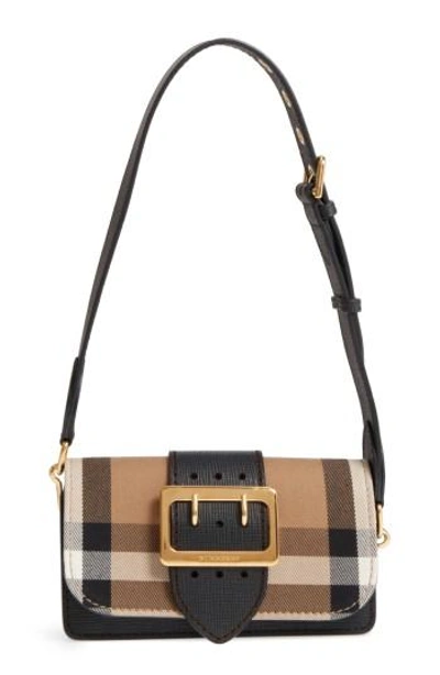 Shop Burberry Small Buckle House Check & Leather Convertible Clutch - Black In Black/ Black
