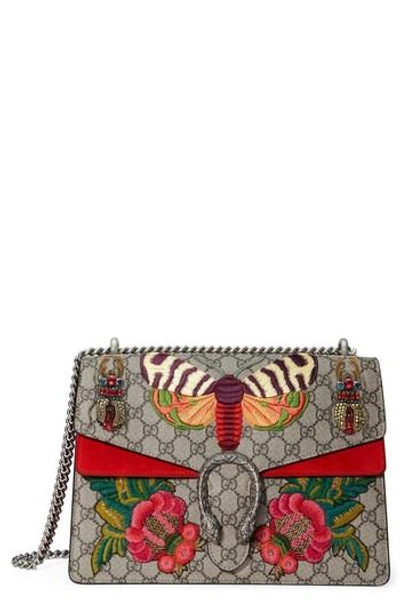 Shop Gucci Medium Dionysus Embroidered Gg Supreme Canvas & Suede Shoulder Bag - Beige In Beige/ Ebony/ Multi