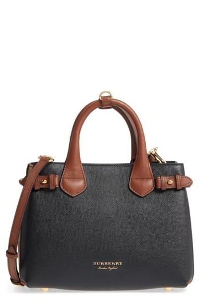 Shop Burberry Small Banner House Check Leather Derby Tote In Black/ Tan