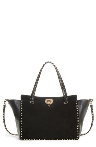 Shop Valentino Medium Rockstud Suede & Leather Tote - Black