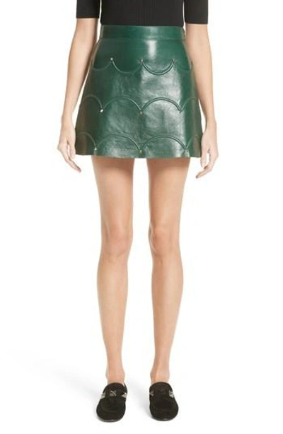 Shop Valentino Scallop Detail Leather Miniskirt In Green