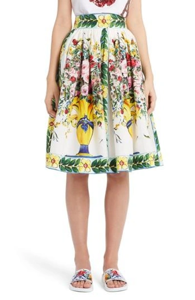 Shop Dolce & Gabbana Pleated Cotton Poplin Skirt In Maioliche Prnt