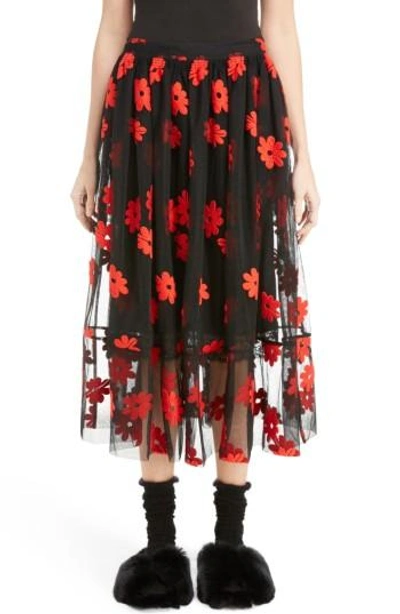 Shop Simone Rocha Floral Embroidered Tulle Skirt In Black Red