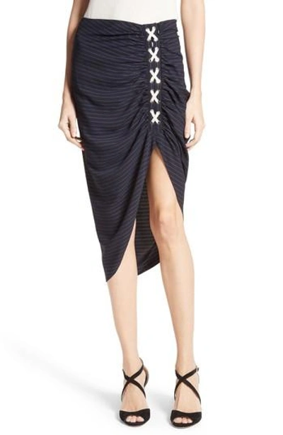 Shop Veronica Beard Marlow Ruched Lace-up Skirt In Navy/ White Stripes