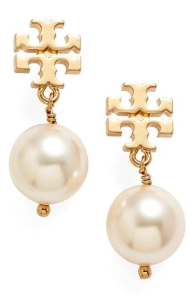 Shop Tory Burch Logo Faux Pearl Drop Earrings In Ivory/ Shiny Gold