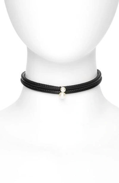 Shop Mizuki Leather & Akoya Pearl Choker Necklace In Yellow Gold/ White Pearl