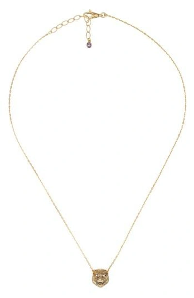 Shop Gucci Le Marche Feline Head Pendant Necklace In Yellow Gold/ Aqua