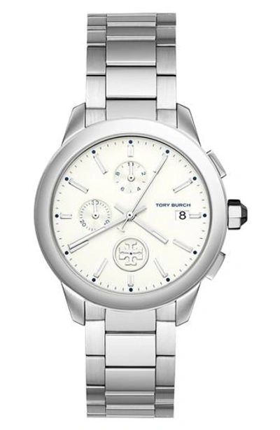 Shop Tory Burch Collins Chronograph Bracelet Watch, 38mm In Silver/ Ivory/ Silver
