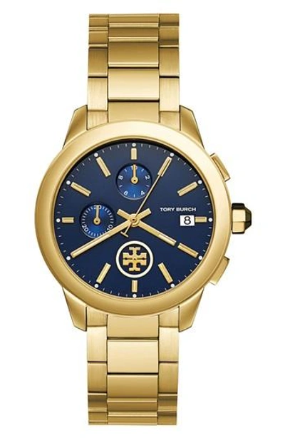 Shop Tory Burch Collins Chronograph Bracelet Watch, 38mm In Gold/ Navy/ Gold