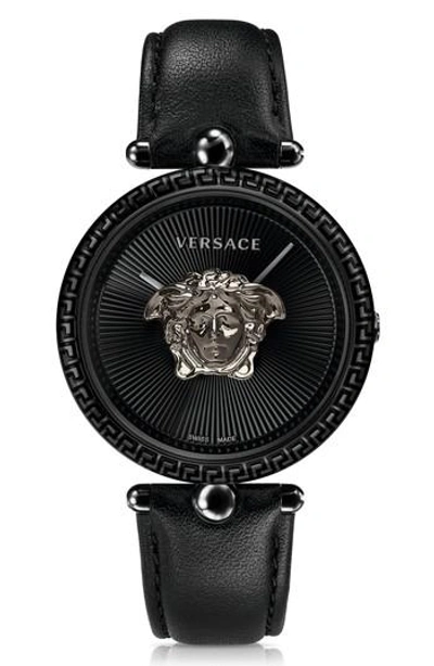 Shop Versace Palazzo Empire Leather Strap Watch, 39mm In Black