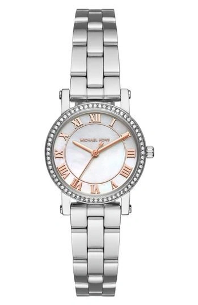 Shop Michael Kors Petite Norie Pave Bracelet Watch, 28mm In Silver/ Mop/ Silver