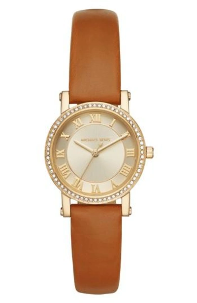 Shop Michael Kors Petite Norie Pave Leather Strap Watch, 28mm In Brown/ Gold