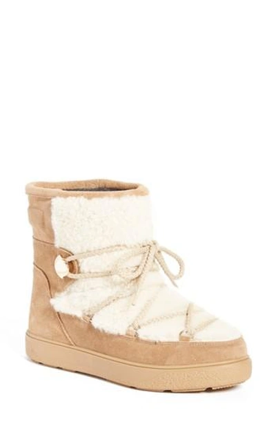 Shop Moncler New Fanny Stivale Genuine Shearling Short Moon Boots In Beige