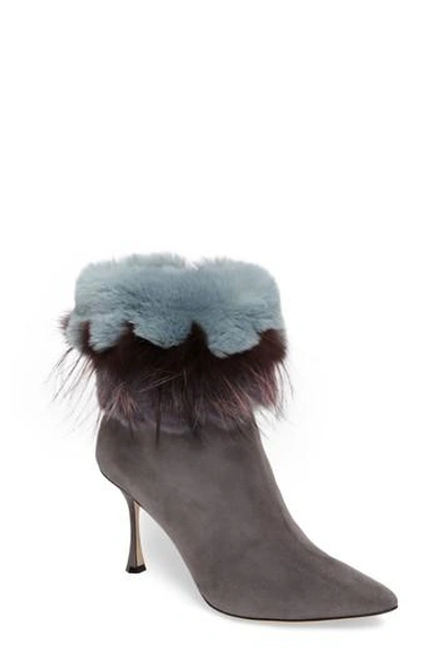 Shop Manolo Blahnik Remola Genuine Rabbit & Fox Fur Bootie In Grey Suede