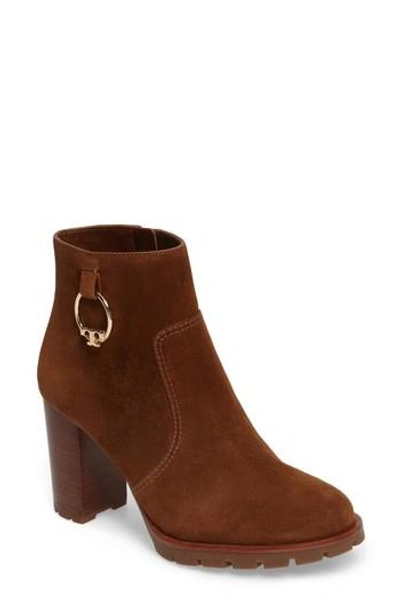 Shop Tory Burch Sofia Lugged Logo Charm Bootie In Festival Brown