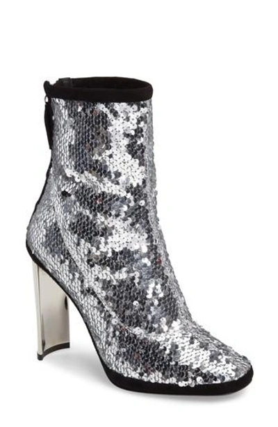 Shop Giuseppe Zanotti Sequin Curved Heel Bootie In Metallic Silver