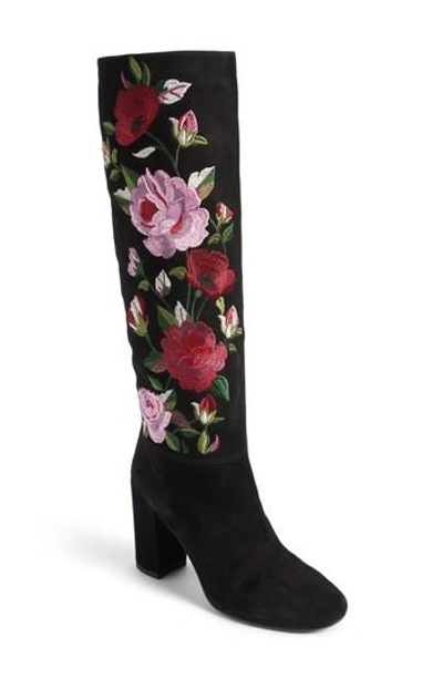 Shop Kate Spade Greenfield Flower Embroidered Boot In Black Suede
