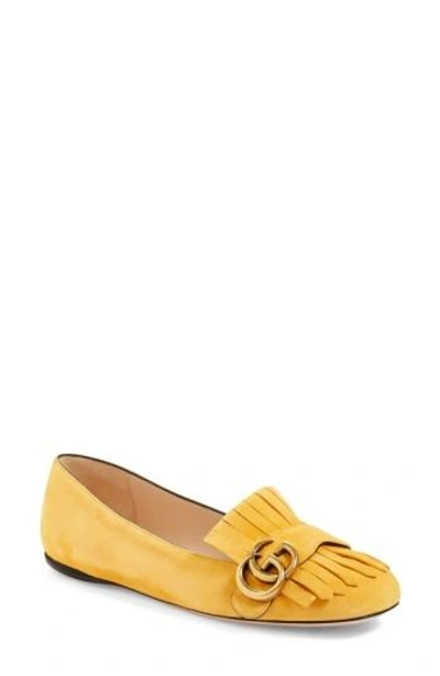 Shop Gucci Gg Marmont Fringe Flat In Yellow Suede