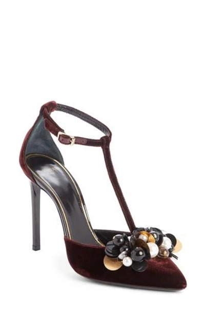 Shop Lanvin Pearl T-strap Pump In Burgundy