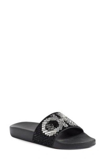 Shop Ferragamo Crystal Logo Slide Sandal In Black Pvc