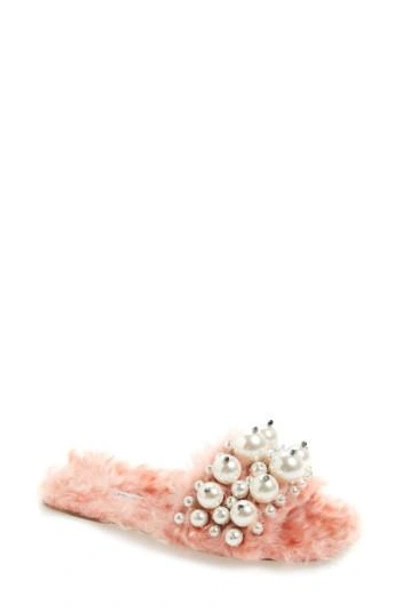 Shop Miu Miu Embellished Faux Fur Slipper In Coral