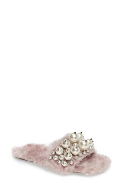 Shop Miu Miu Embellished Faux Fur Slipper In Light Pink