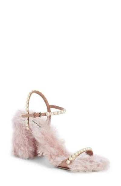 Shop Miu Miu Imitation Pearl Embellished Faux Fur Sandal In Pink/ Nude