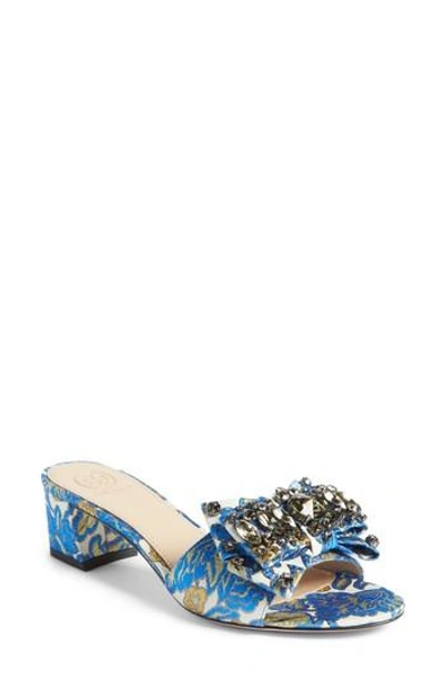 Shop Tory Burch Valentina Embellished Bow Slide Sandal In Metallic Floral Matelasse