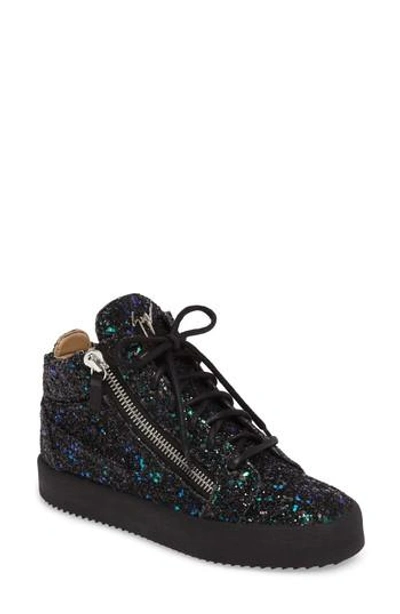 Shop Giuseppe Zanotti Breck Mid Top Sneaker In Black/ Blue Glitter
