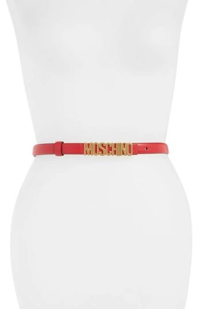 Shop Moschino Logo Plate Skinny Leather Belt In Red