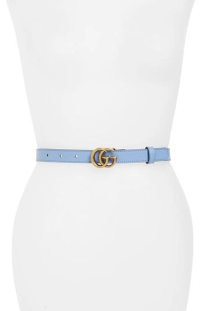 Shop Gucci Double-g Buckle Calfskin Belt In Sky Blue