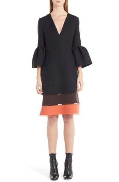 Shop Fendi Wool & Silk Bell Sleeve Shift Dress In Black