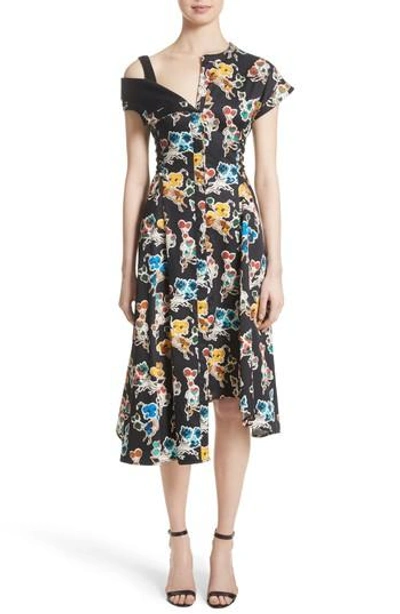Shop Jason Wu Floral Print Asymmetrical Cotton Dress In Black Multi