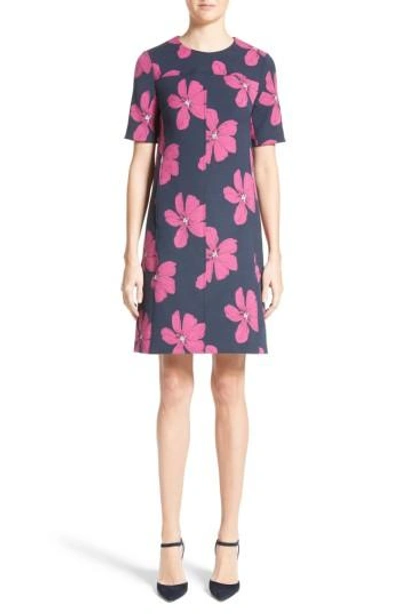 Shop Lela Rose Floral Print Stretch Jacquard Tunic Dress In Navy/ Fuchsia